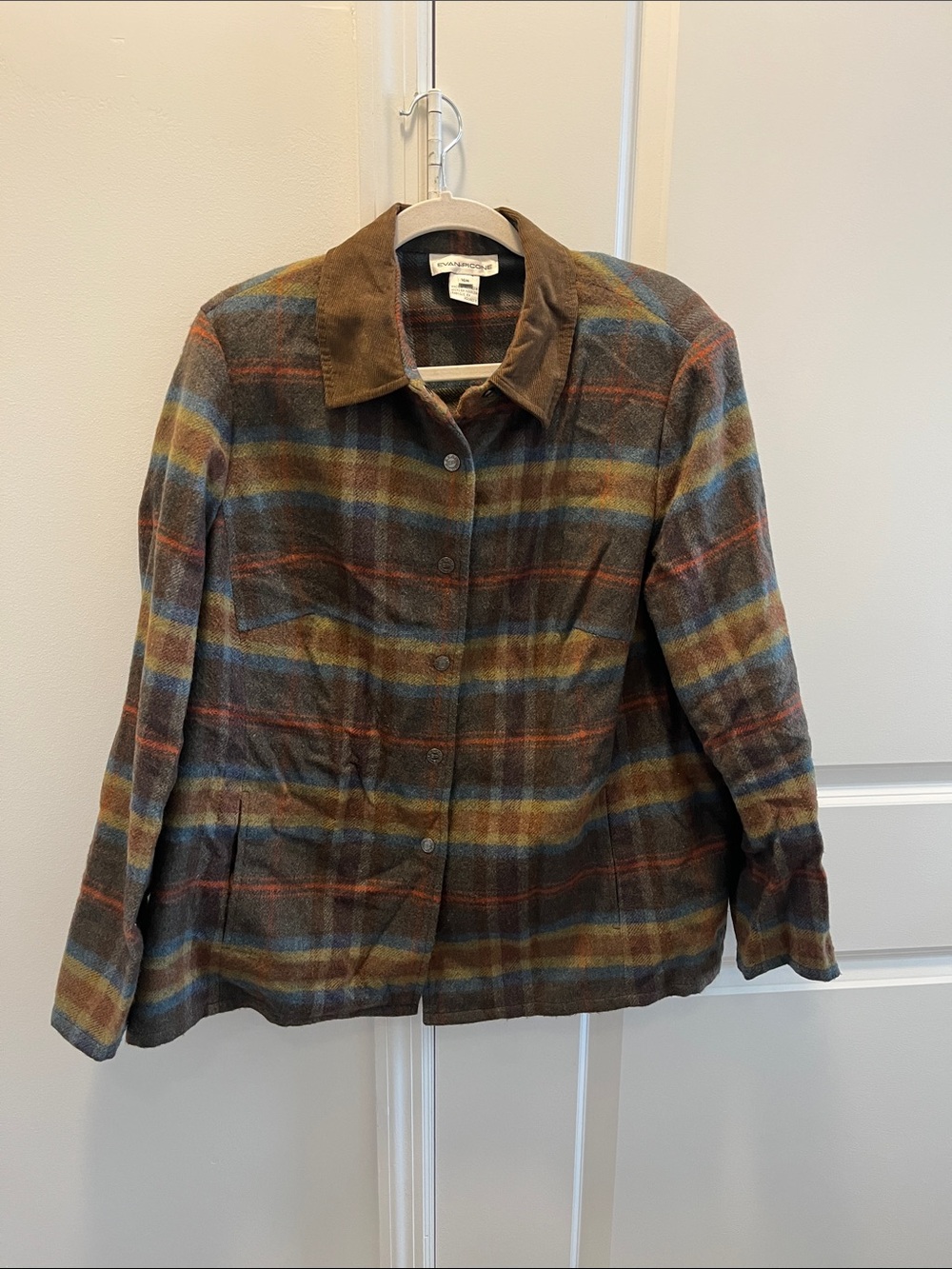 Evan Picone Multicolor Plaid Wool-Blend Pea Coat with Corduroy Collar
